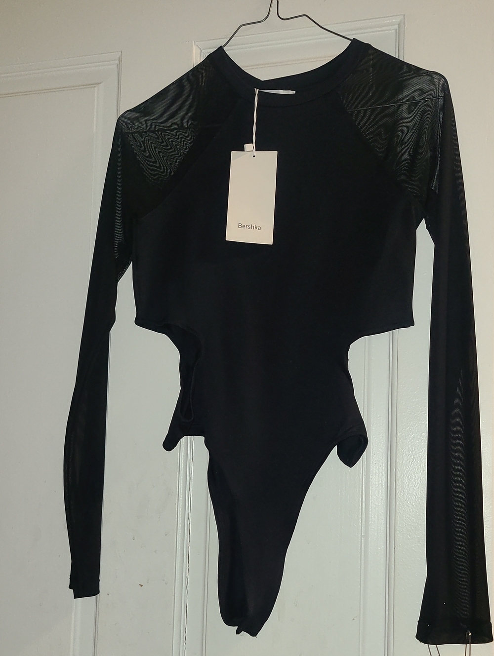 Bershka Black Long-Sleeve Mesh-Panel Bodysuit